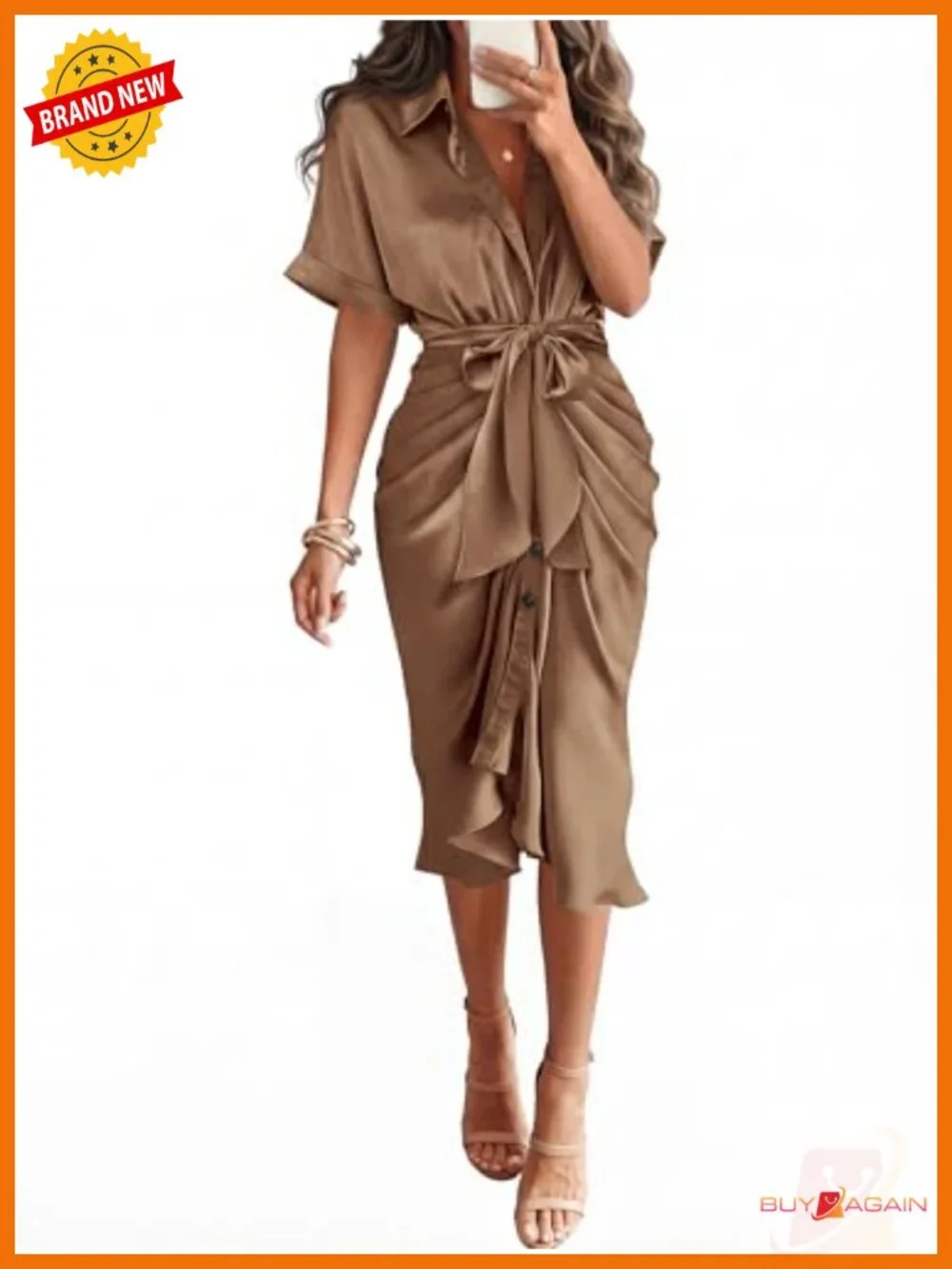 Women's Business Casual Maxi Dress Short Sleeve Button Down Satin